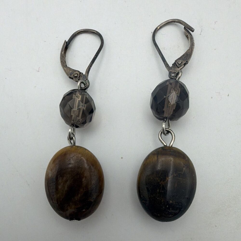 Silver Tone Leverback Brown Oval Bead & Gray Faceted Glass Drop Earrings 2"
